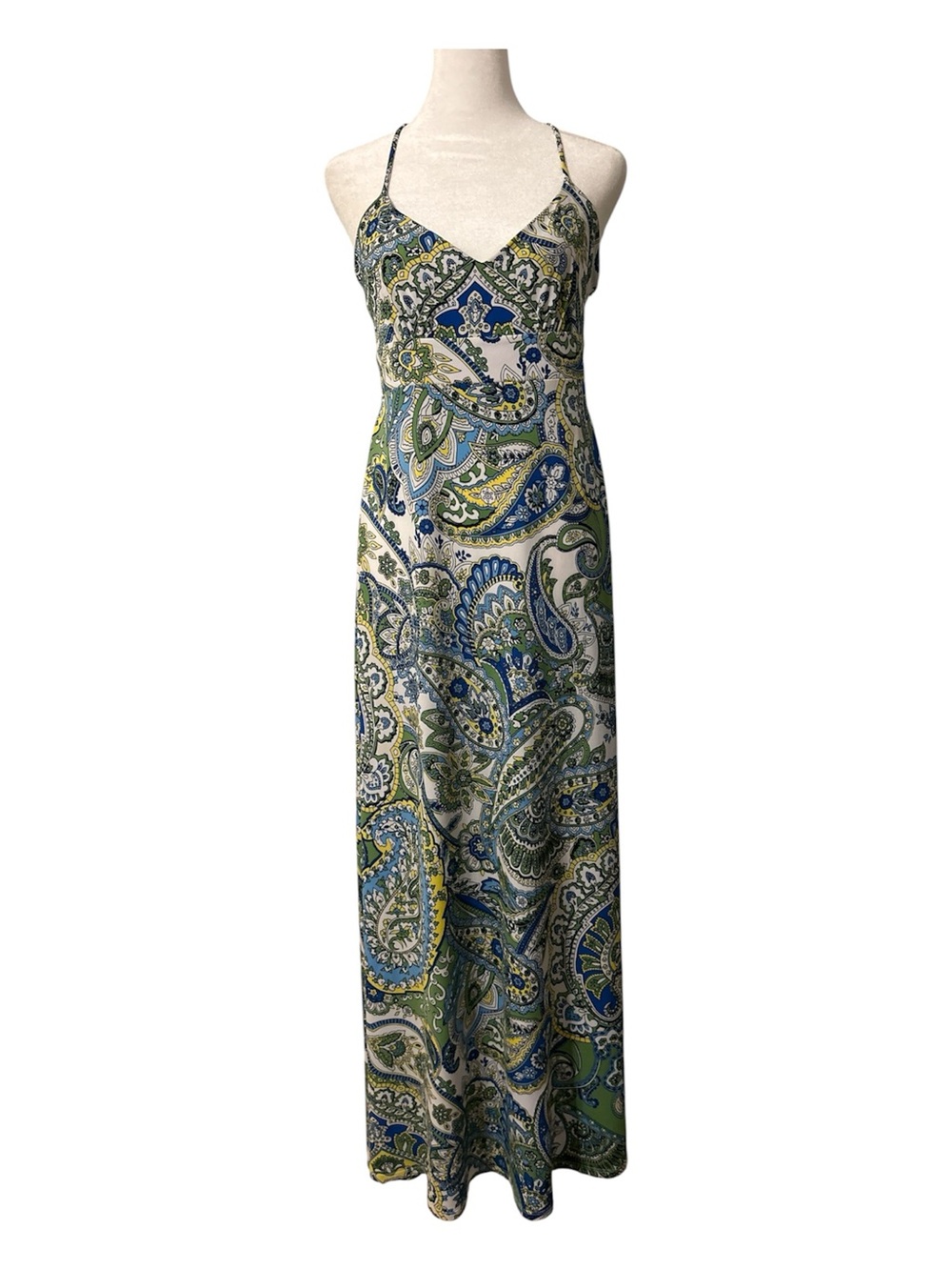 LOFT Paisley Spaghetti-Strap Maxi Dress in Blue, Green & White